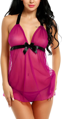 Avidlove Dessous für Spitzen-Babydoll, Chemise, Negligés, exotische Nachthemden, Neckholder-Nachthemden, transparentes Netzstoff