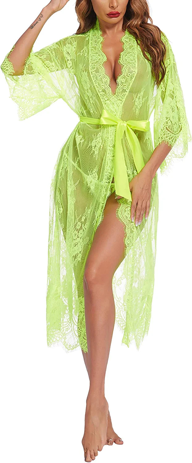 Avidlove Lange Spitzen-Dessous Kimono Robe Transparentes Babydoll-Nachthemd 