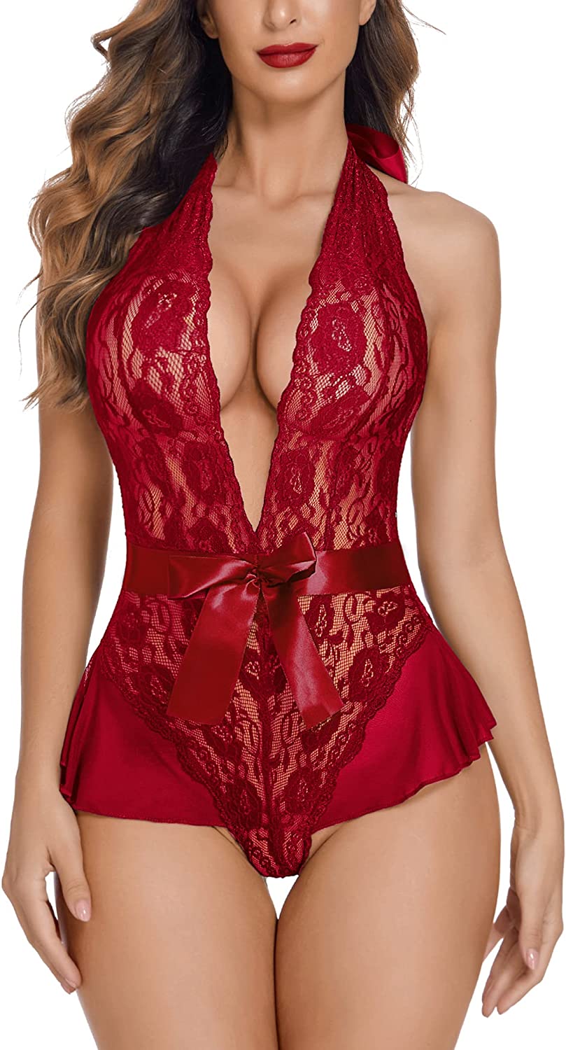 Lencería Avidlove para mujer, body de encaje con escote en V y cuello halter, lencería de una pieza, babydoll, tallas XS a XXXL 