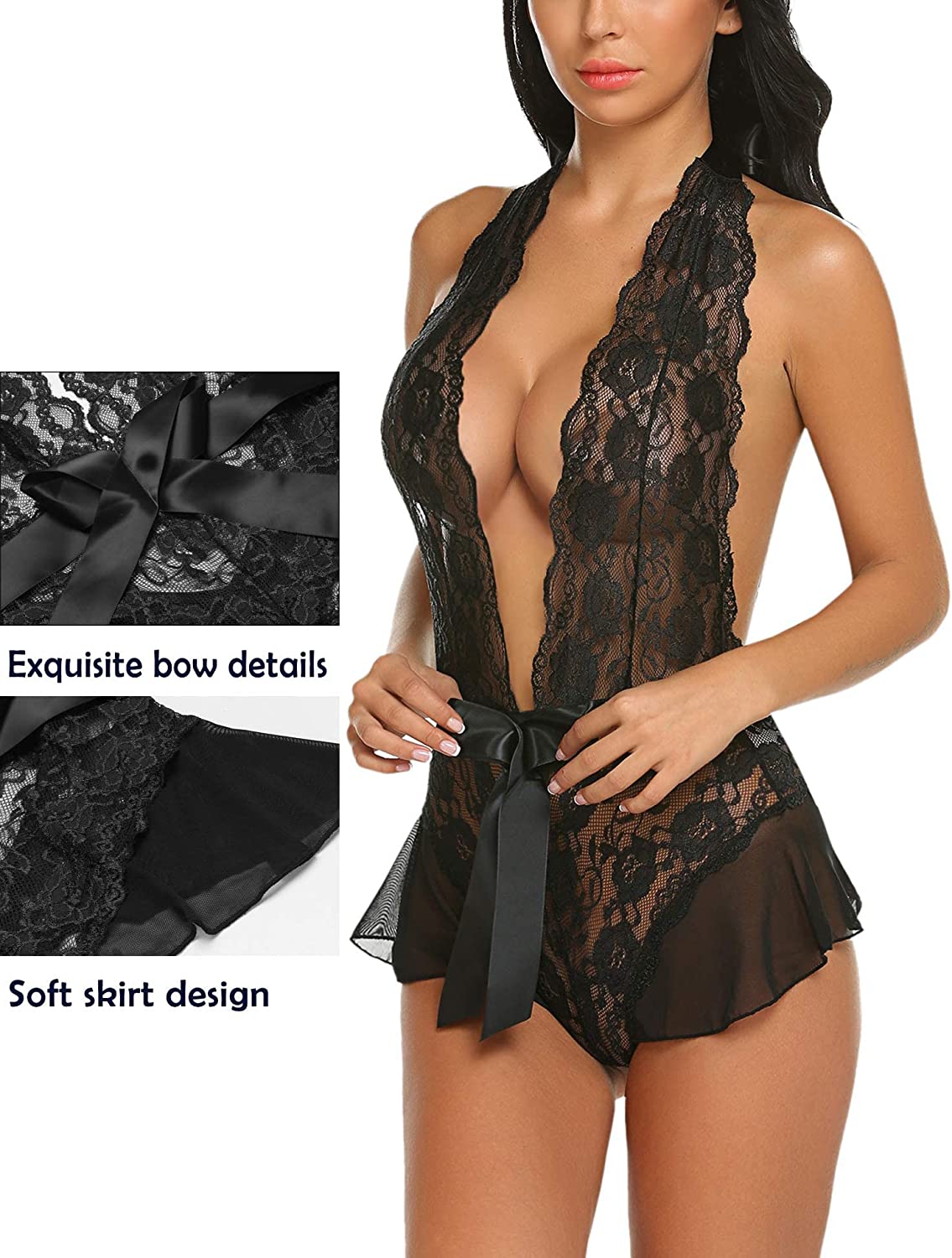 Avidlove Dessous für Spitzen-Teddy-Bodysuit, Neckholder, V-Ausschnitt, einteilig, Dessous, Babydoll, XS-XXXL 