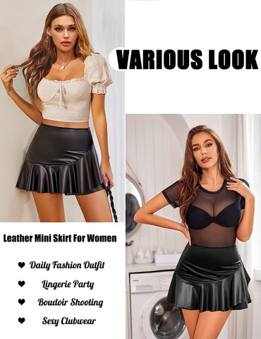 Avidlove Leather Mini Skirt Pleated Skirt High Waist Ruffled Short Skirts Mini Lingerie Skirt with Zipper