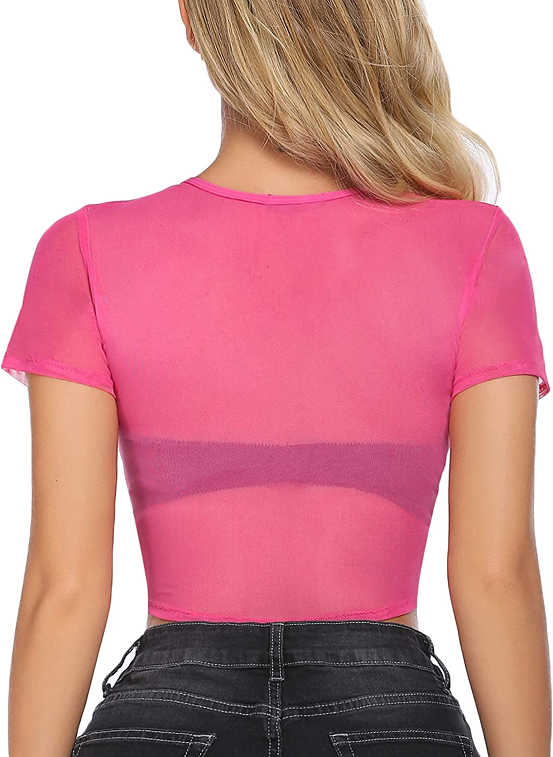 Avidlove Mesh-Crop-Top für kurzärmlige, figurbetonte T-Shirts, durchsichtige Bluse mit Rundhalsausschnitt, Clubwear 