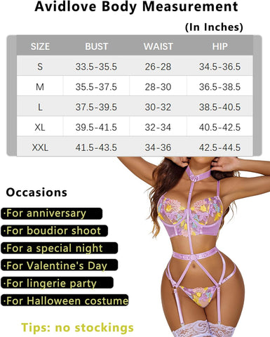 Avidlove Lingerie für bestickte Spitzen-Bügel-Riemchen-BH und Höschen-Set mit abnehmbarem Strumpfband 