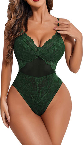 Avidlove Bodysuit mit Druckknopfverschluss im Schritt, Spitzen-Teddy-Dessous, einteilig, Dessous für Damen 