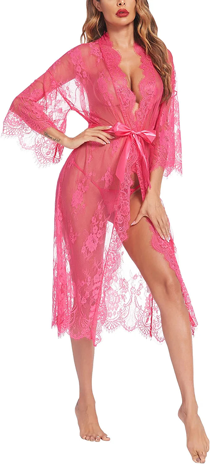 Avidlove Lange Spitzen-Dessous Kimono Robe Transparentes Babydoll-Nachthemd 