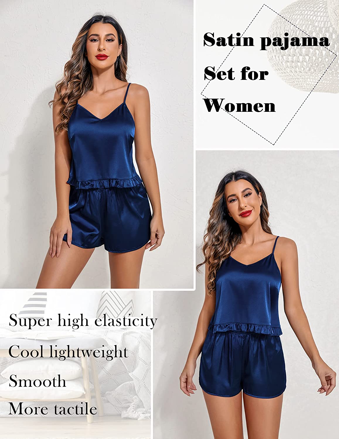 Avidlove Silk Pajama Set for V-Neck Ruffled Satin Sleepwear Solid 2 Piece Cami Shorts Set