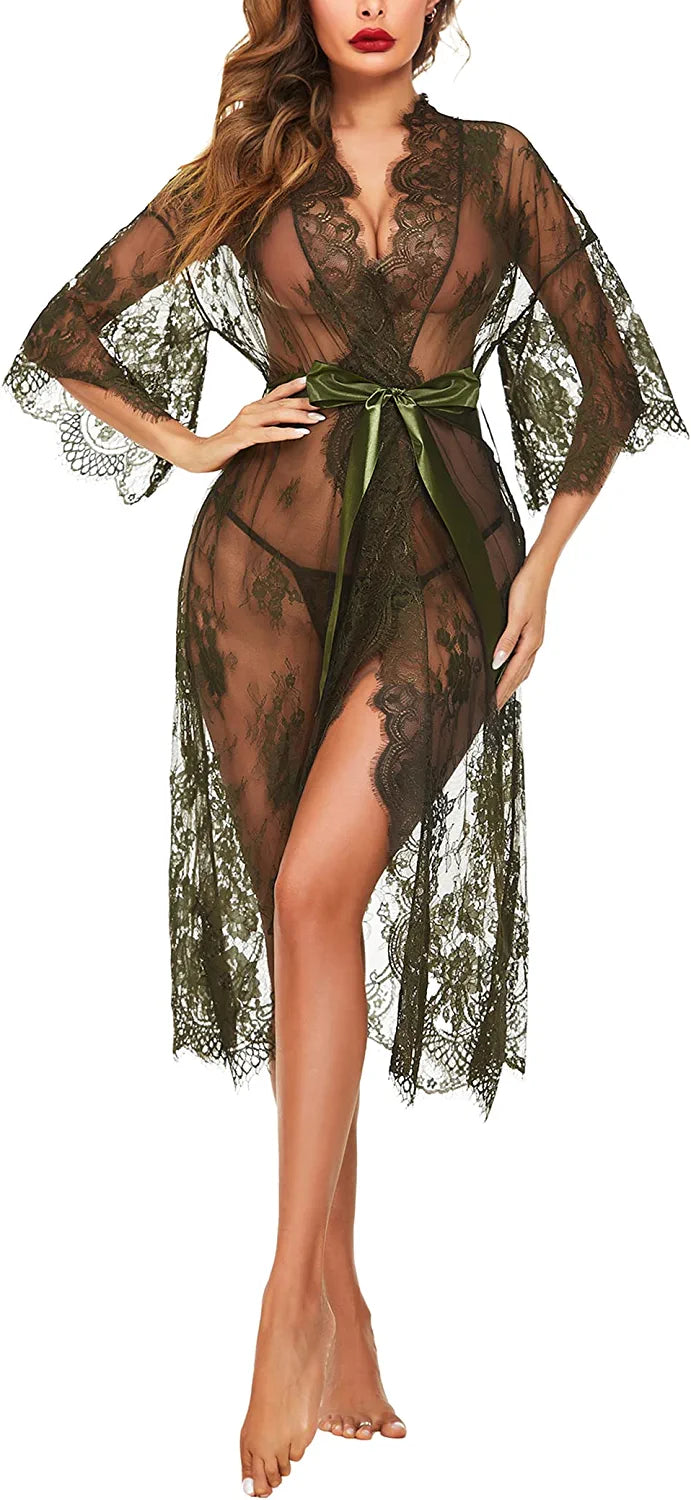 Avidlove Lange Spitzen-Dessous Kimono Robe Transparentes Babydoll-Nachthemd 