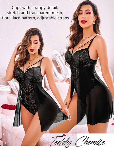 Avidlove Babydoll-Dessous für Blumenmuster, Druckknopf-Schritt, Teddy-Chemise, Nachthemd, Spitzen-Nachthemd 