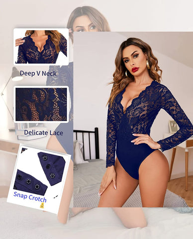 Avidlove Spitzen-Bodysuit mit kurzen Ärmeln, tiefer V-Ausschnitt, Druckknopfverschluss im Schritt, Clubwear-Oberteile, S-XXL