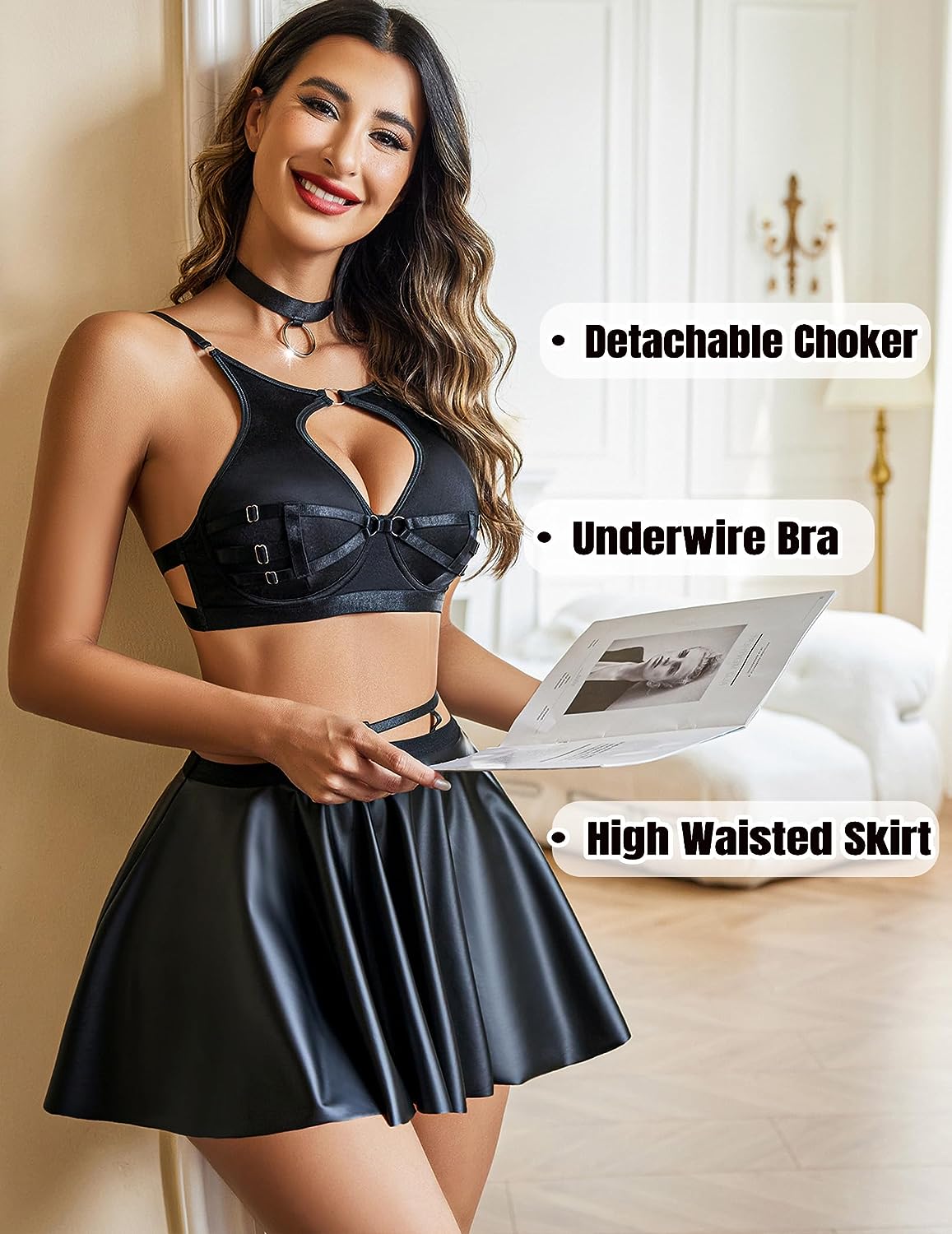 Avidlove Lingerie Set PU Leather Skirt High Waisted Costume Outfit with Choker
