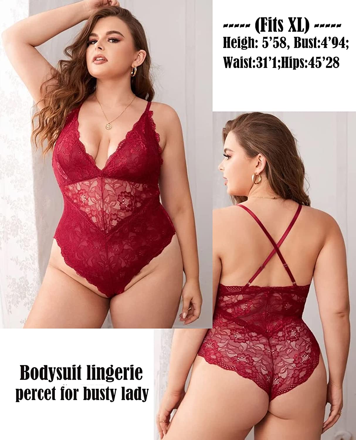 Avidlove Dessous mit Druckknopfverschluss im Schritt, Spitzen-Bodysuit, tiefer V-Ausschnitt, Teddy, einteilig, Spitzen-Babydoll 