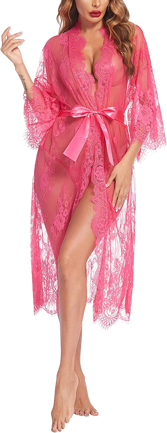 Avidlove Lange Spitzen-Dessous Kimono Robe Transparentes Babydoll-Nachthemd 