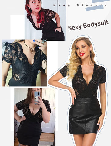 Avidlove Spitzen-Bodysuit mit kurzen Ärmeln, tiefer V-Ausschnitt, Druckknopfverschluss im Schritt, Clubwear-Oberteile, S-XXL