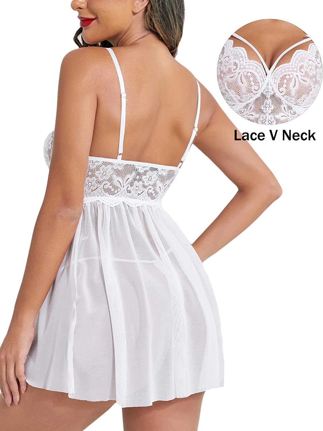 Avidlove Lingerie for Lace Babydoll Strap Chemise Nightgown V Neck Sleepwear Mesh Side Slit Nighty