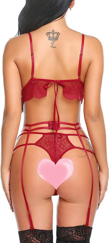 Avidlove Strumpfband-Dessous-Set, Wimpernspitze, Riemchen-BH und Höschen, 3-teiliges Boudoir-Outfit 