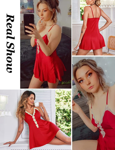 Avidlove Satin-Nachthemd mit V-Ausschnitt, Seidennachthemd, Spitzenhemd, Satin-Unterkleid, Seiden-Negligé 