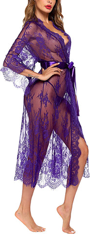 Avidlove Lange Spitzen-Dessous Kimono Robe Transparentes Babydoll-Nachthemd 