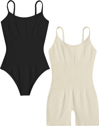 Avidlove 2-teiliger Bodysuit für gerippten Shapewear-Bodysuit, Bauchkontrolle, Spaghettiträger, Yoga-Strampler 