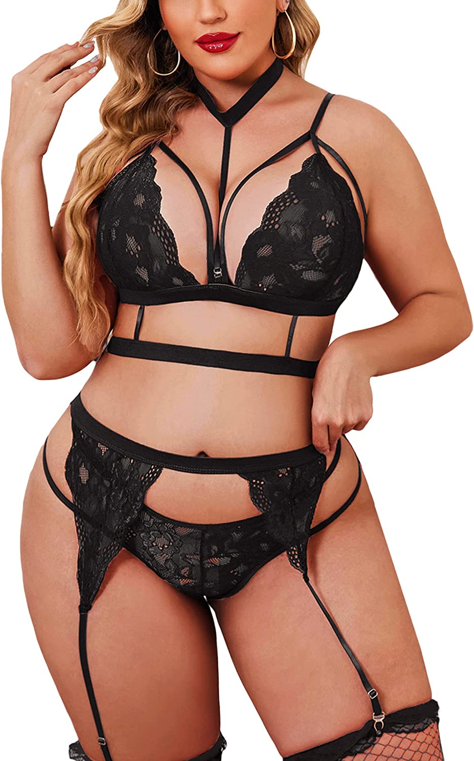 Avidlove Strumpfband-Dessous-Set mit Choker, Riemchen-BH und Höschen-Set, Teddy-Babydoll-Bodysuit (ohne Strümpfe) 