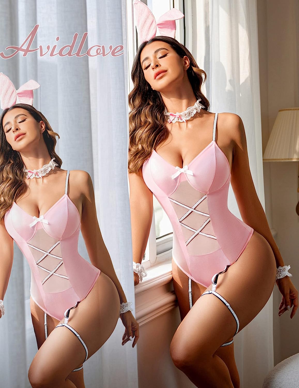 Avidlove Cosplay Dessous Anime Kostüm Bodysuit Set Bunny Teddy Dessous 3PC Dienstmädchen Outfit 