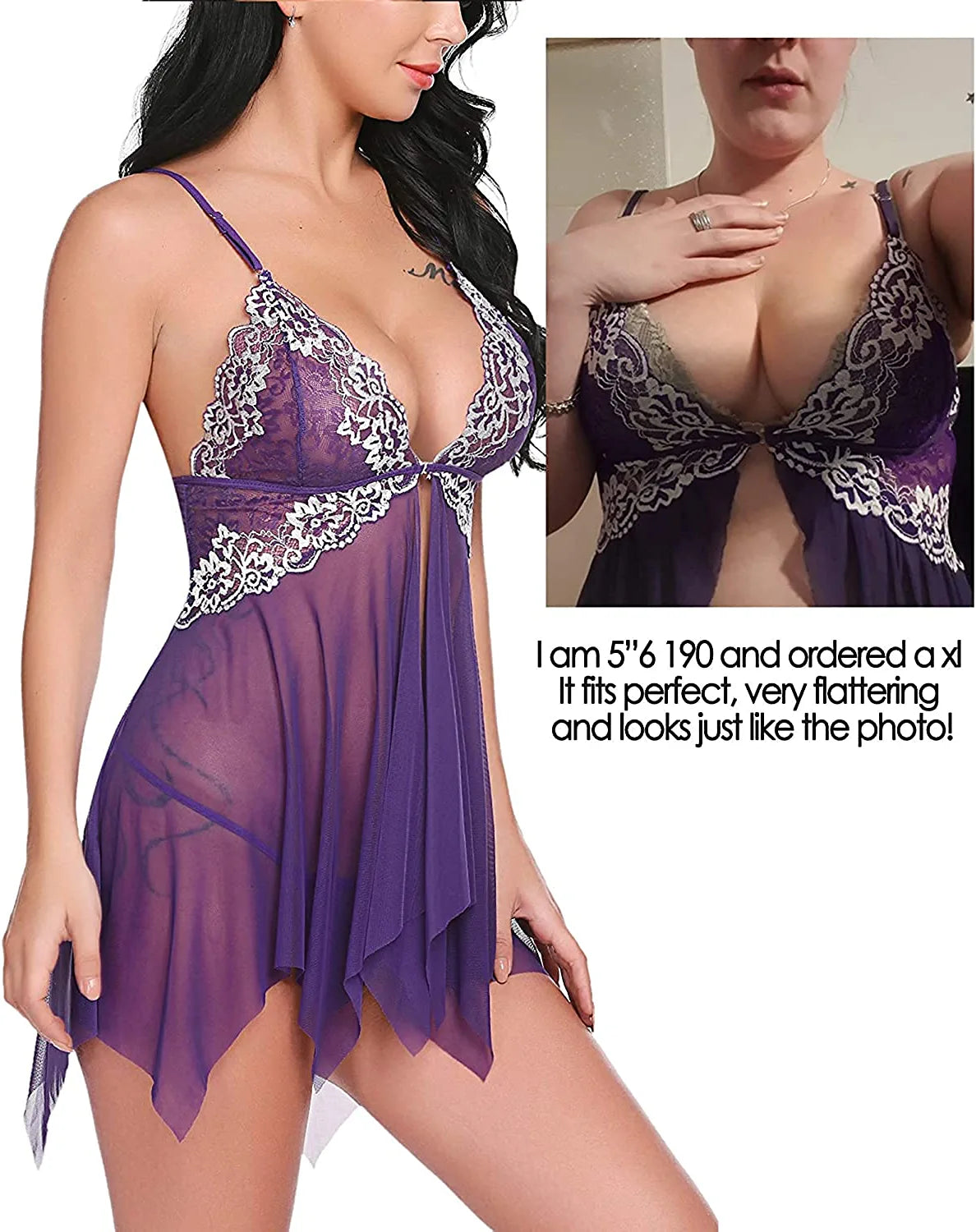 Avidlove Spitzen-Dessous, Frontverschluss, Babydoll, V-Ausschnitt, Nachtwäsche, Chemise, Nachthemd