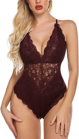 Avidlove Dessous mit Druckknopfverschluss im Schritt, Spitzen-Bodysuit, tiefer V-Ausschnitt, Teddy, einteilig, Spitzen-Babydoll 