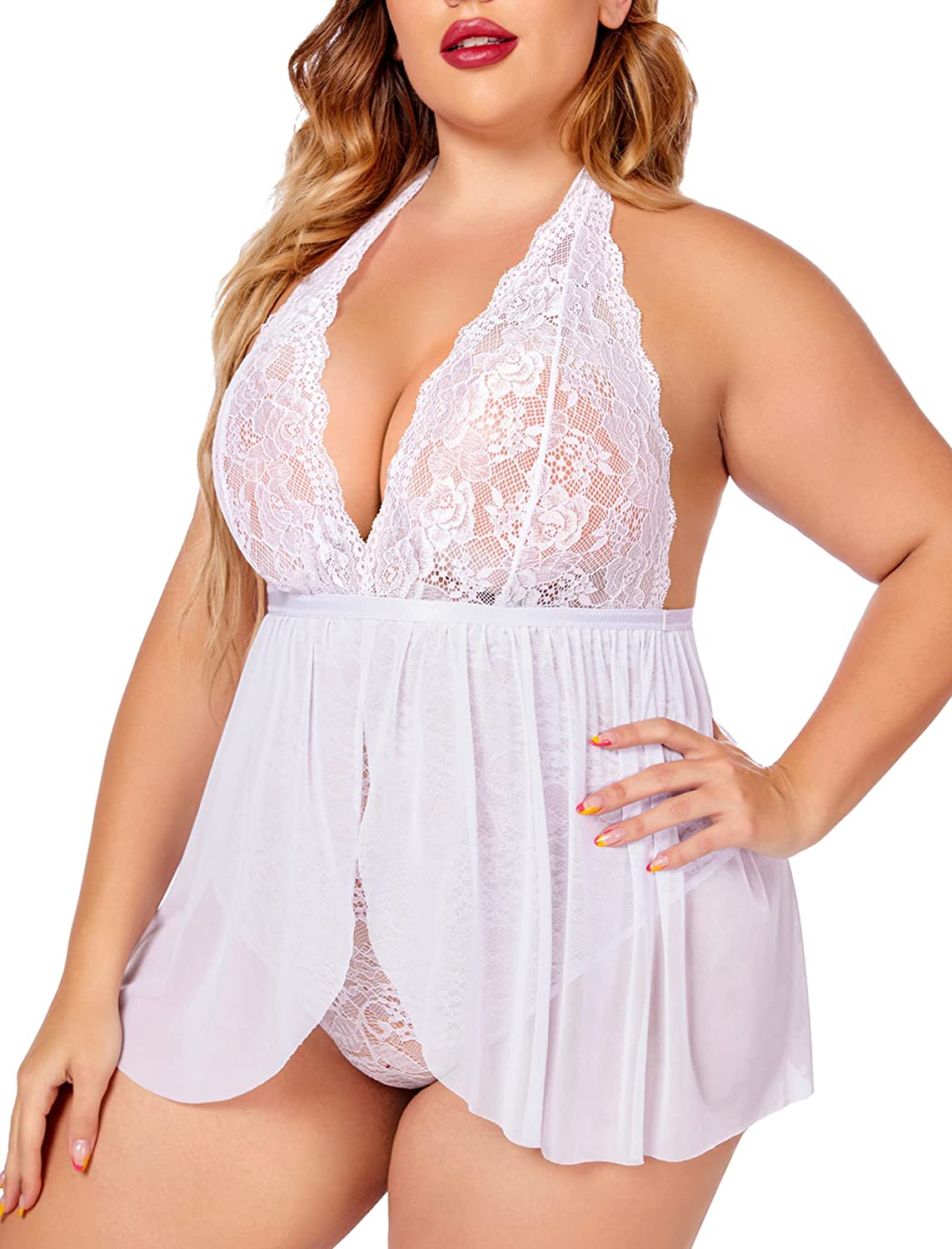 Avidlove Plus Size Babydoll Lingerie Snap Crotch Lace Nighty Halter Plunging Mesh Sleepwear 14-24W