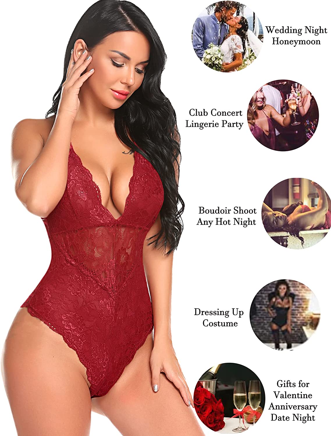 Avidlove Snap Crotch Lingerie Lace Bodysuit Deep V Teddy One Piece Lace Babydoll