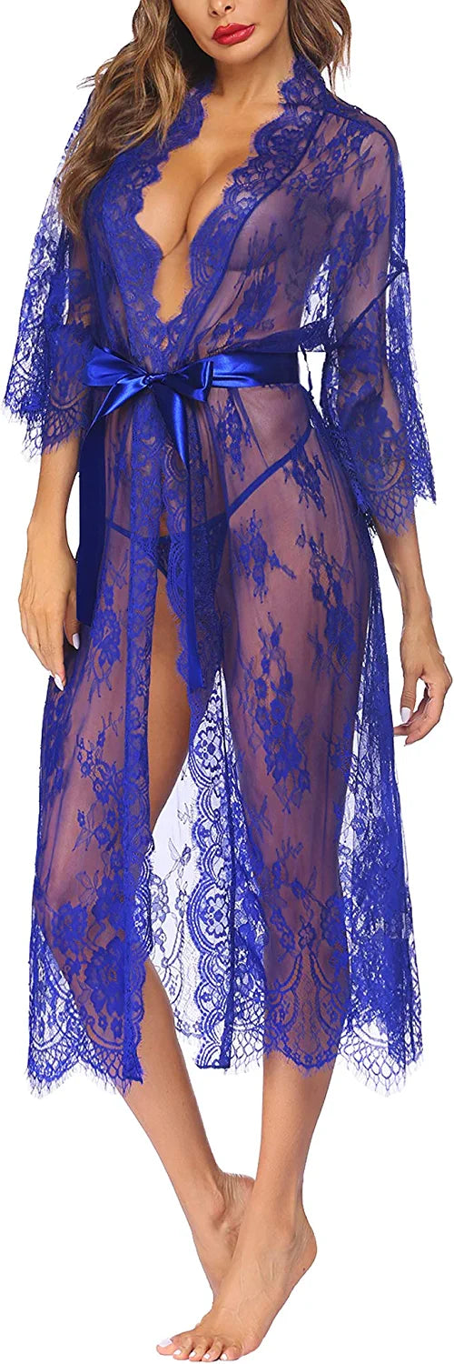 Avidlove Lange Spitzen-Dessous Kimono Robe Transparentes Babydoll-Nachthemd 