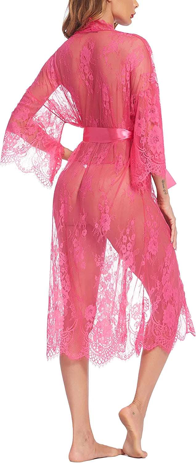 Avidlove Lange Spitzen-Dessous Kimono Robe Transparentes Babydoll-Nachthemd 