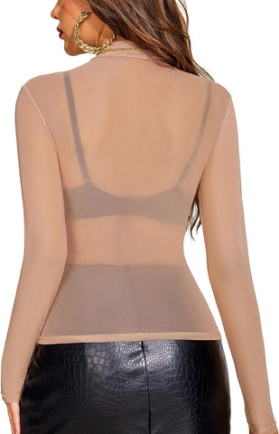 Avidlove Mesh-Top, Netz-Crop-Top für lange Ärmel, Stehkragen, S-XXL 