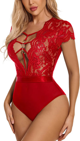 Avidlove Kurzarm-Dessous aus Spitze, Teddy-Bodysuit, Oberteile zum Ausgehen, Einteiler, Chemise, Clubwear 