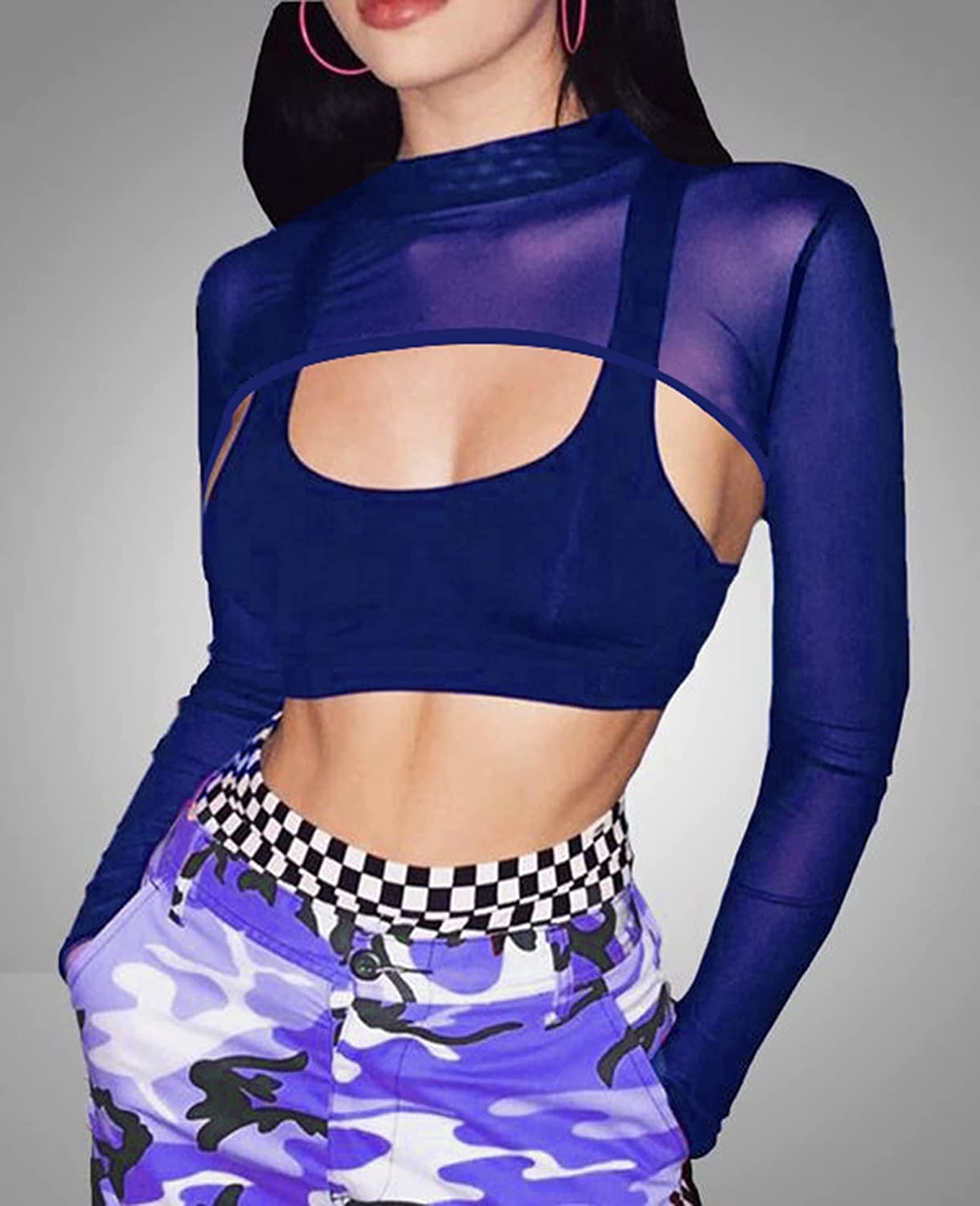 Avidlove Mesh-Crop-Tops für Rollkragen, langärmelig, bauchfreies Top, durchsichtiges Hemd, Top, Clubwear 