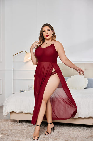 Avidlove Plus Size Kleid für Babydoll Mesh Maxi Nachthemd Riemchen Exotische Nachtwäsche Seitenschlitze 