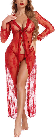 Avidlove Spitzen-Bademantel für Dessous, Braut-Spitzen-Babydoll-Bademantel, Dessous, transparentes Hochzeitskleid 