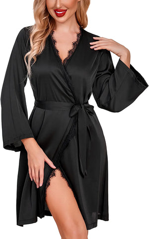 Avidlove Kimono Robe Lace Backless Satin Robe Short Silky Robes