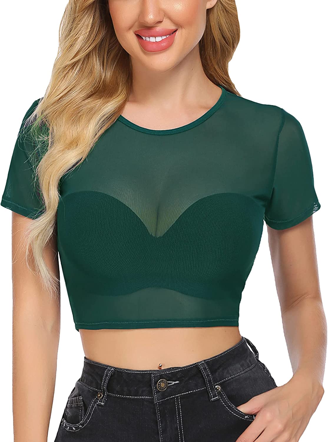 Top corto de malla Avidlove para camisetas ajustadas de manga corta, blusa transparente, cuello redondo, ropa de club 