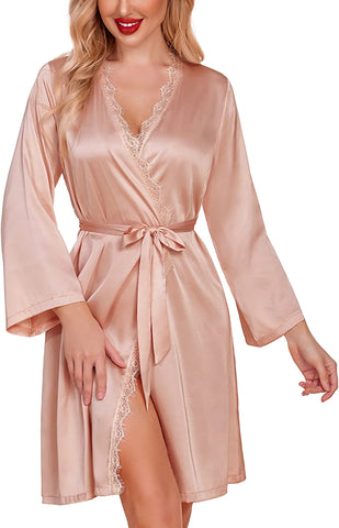 Avidlove Kimono-Robe, Spitze, rückenfrei, Satin-Robe, kurze, seidige Roben 