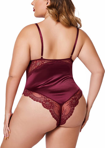 Avidlove Dessous in Übergröße, Teddy-Bodysuit mit Druckknopfverschluss im Schritt, Satin, tiefer V-Ausschnitt, Chemise, Clubwear, L–4XL 