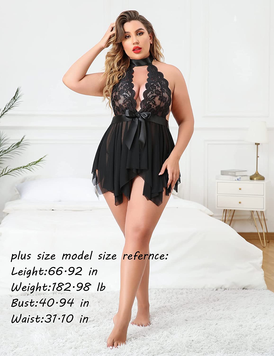 Babydoll de talla grande de Avidlove para lencería de encaje floral con cintura alta 