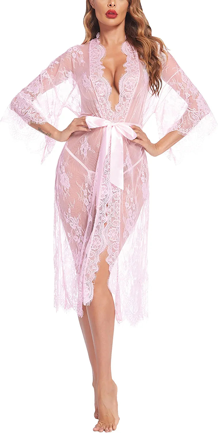 Avidlove Lange Spitzen-Dessous Kimono Robe Transparentes Babydoll-Nachthemd 