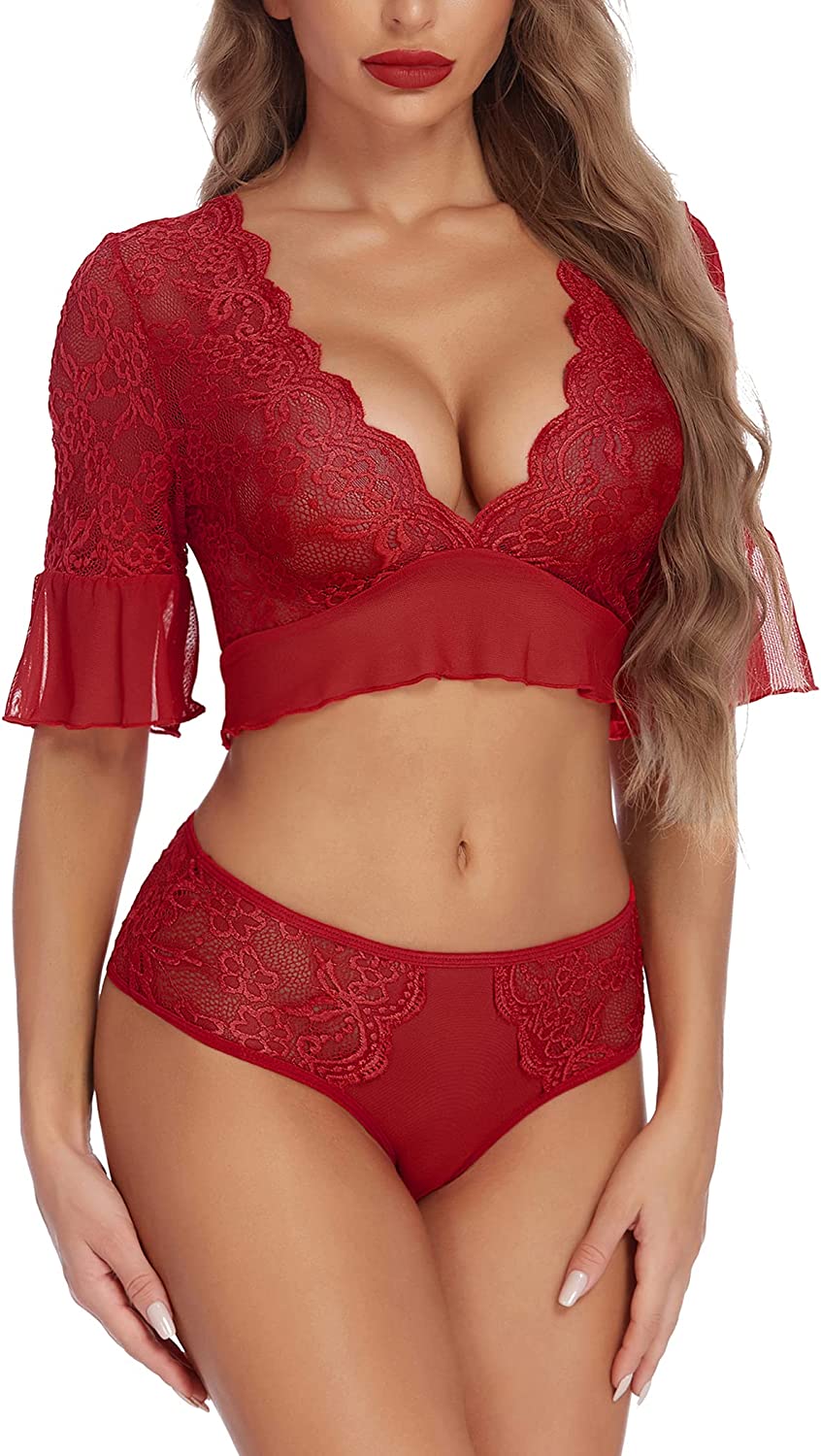 Avidlove Dessous-Set aus Spitze, 2-teilig, Teddy-Babydoll, Body mit Rüschenbesatz 