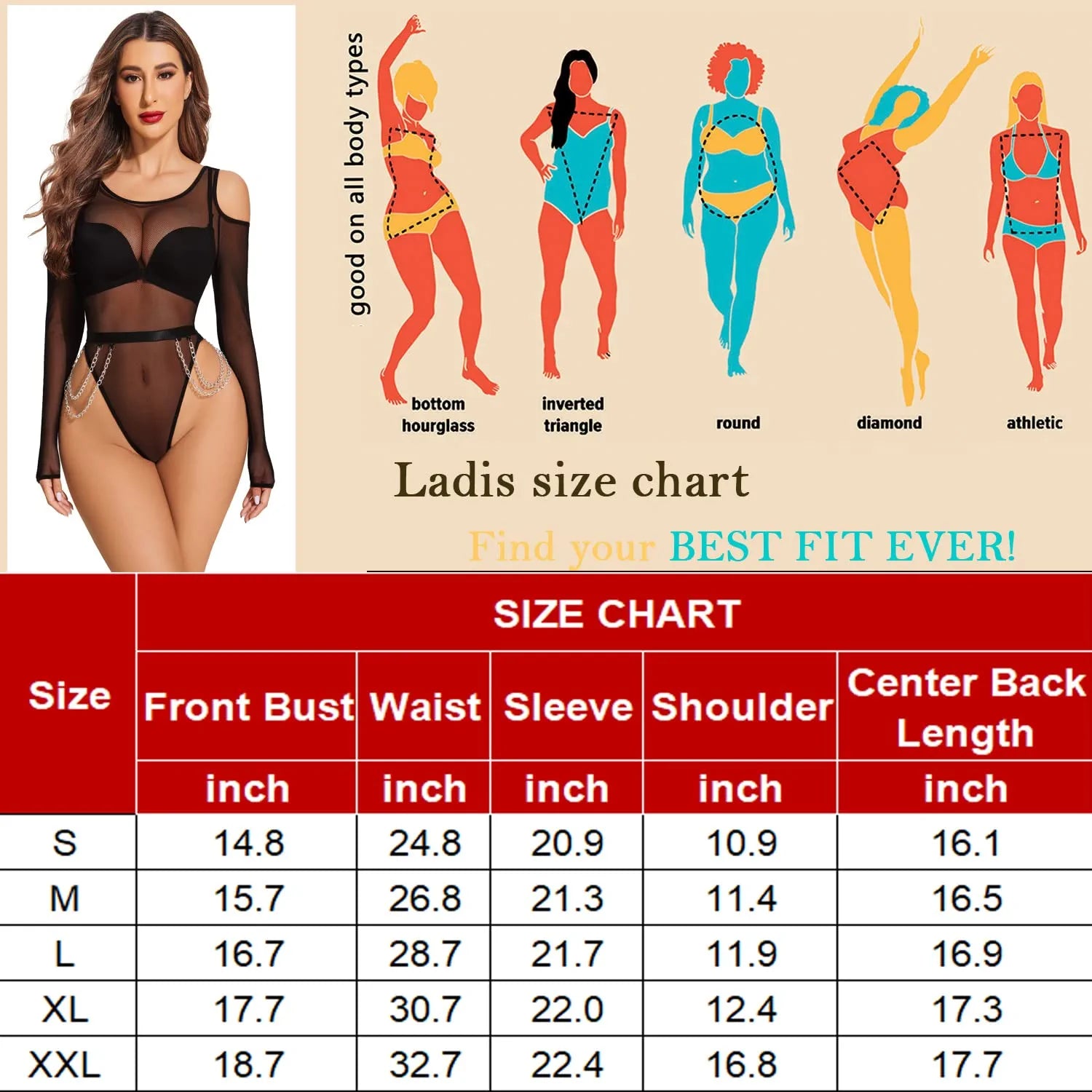 Avidlove Bodysuit für Netzoberteile, kalte Schultern, langärmelige Hemden, Taillenketten, Druckknopf-Schritt, Teddy-Dessous 