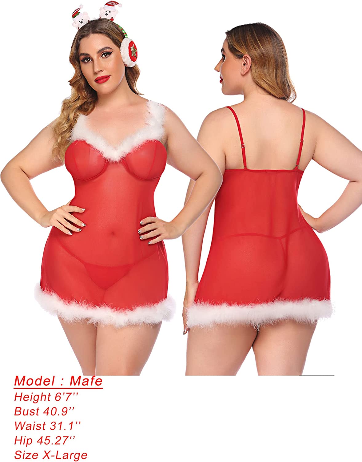 Avidlove Weihnachts-Dessous, Weihnachtsmann-Kleid, rotes Babydoll, Spitzenhemd 