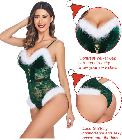 Avidlove Weihnachts-Dessous mit Weihnachtsmann-Teddy-Body, kontrastierender Samt-Spitzen-Dessous 