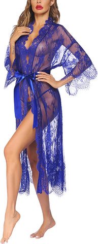 Avidlove Lange Spitzen-Dessous Kimono Robe Transparentes Babydoll-Nachthemd 