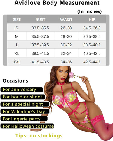 Avidlove Lingerie für bestickte Spitzen-Bügel-Riemchen-BH und Höschen-Set mit abnehmbarem Strumpfband 