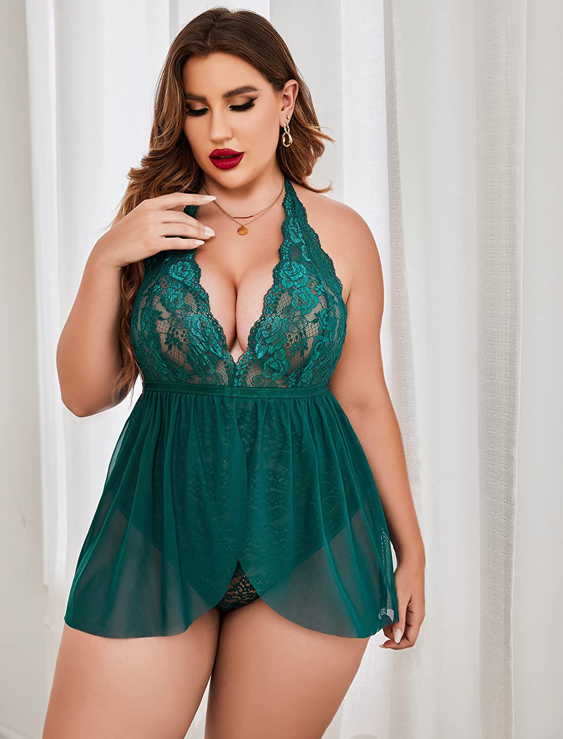 Lencería Babydoll de talla grande Avidlove con entrepierna a presión y encaje, camisón de malla con escote halter, 14-24 W 