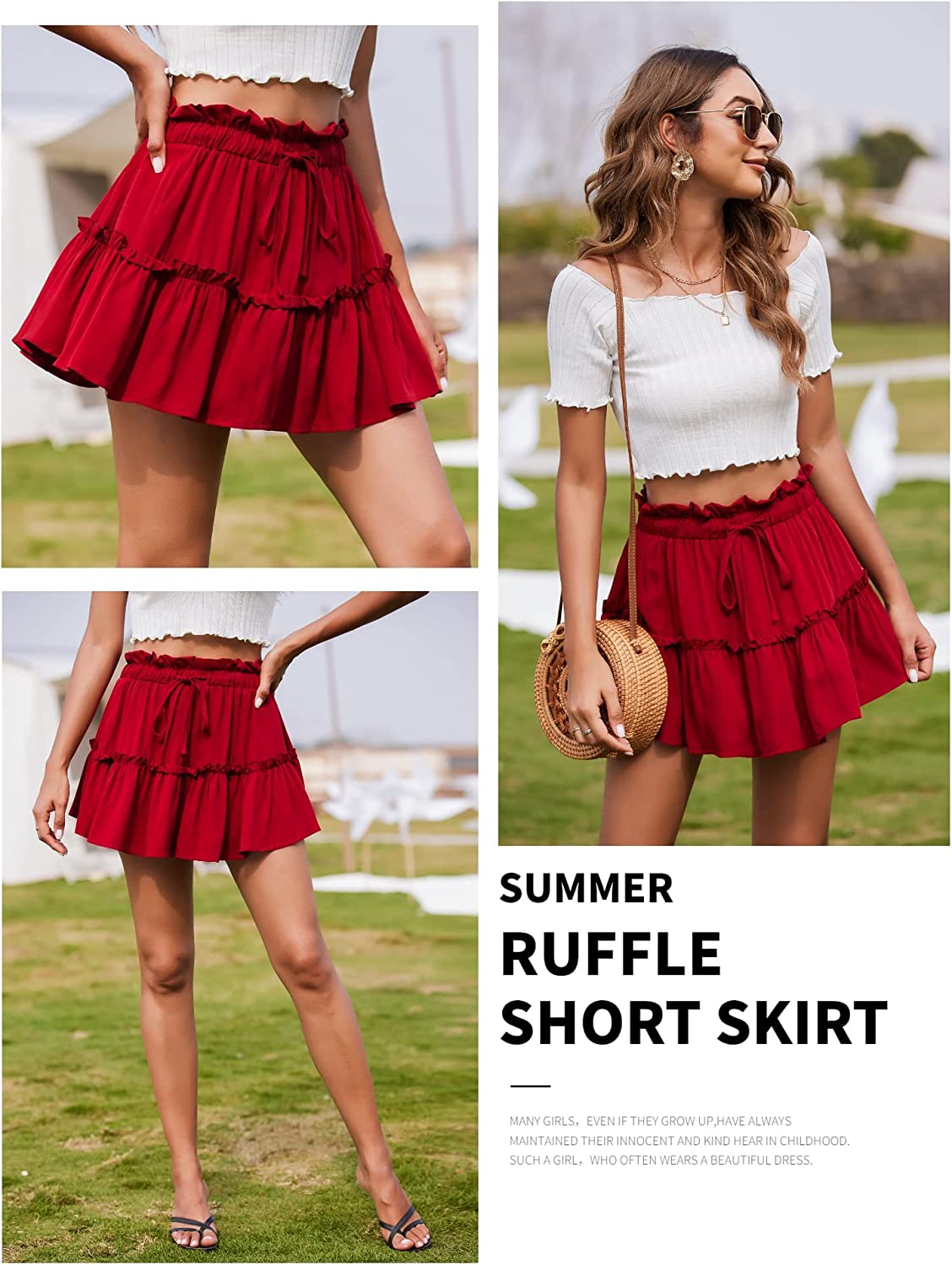 Avidlove Summer High Waist Ruffle Short Skirt A-Line Beach Mini Skirts with Drawstring