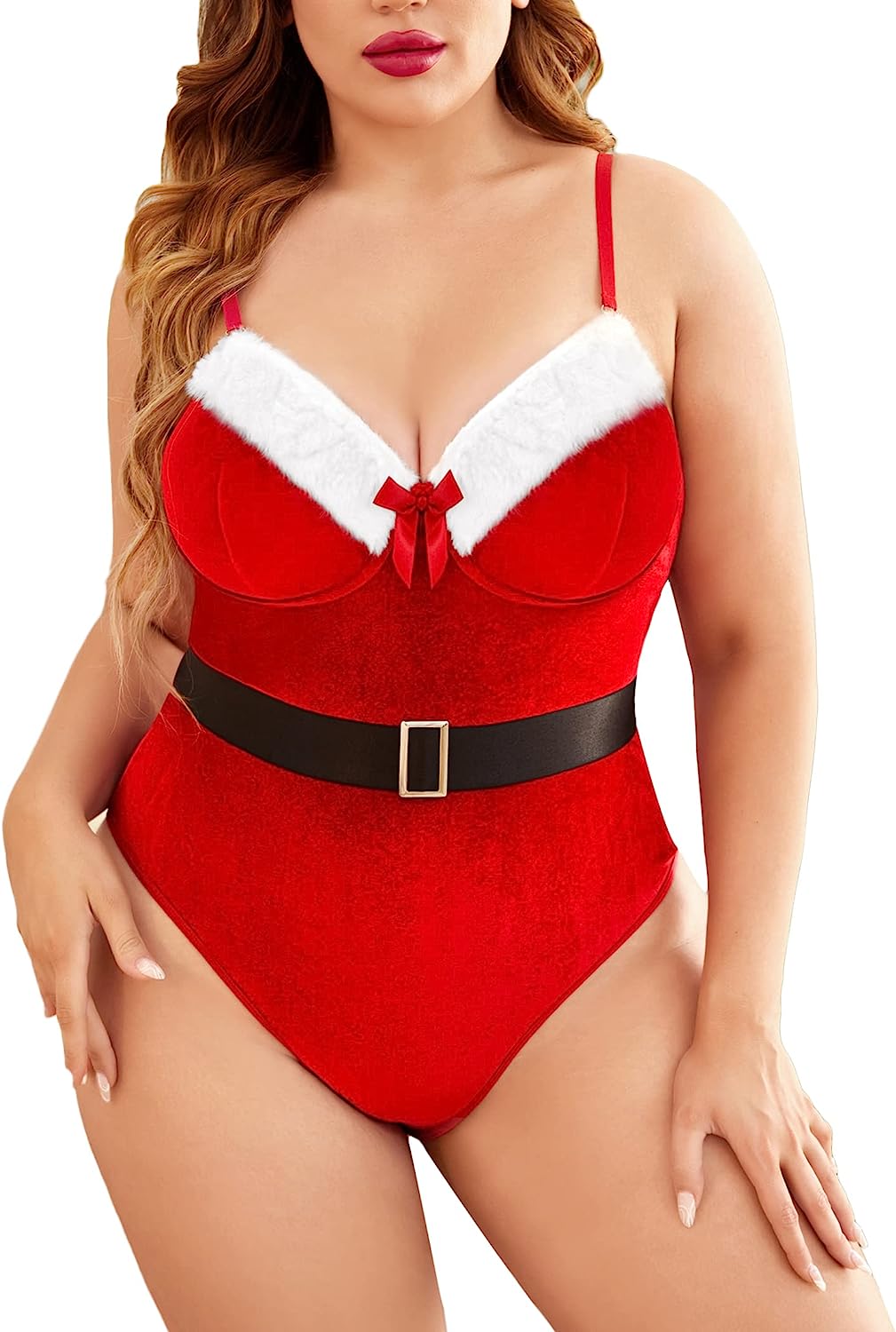 Avidlove Weihnachts-Dessous in Übergröße, Teddy-Body, einteilig, Weihnachtsmann-Babydoll mit Gürtel 